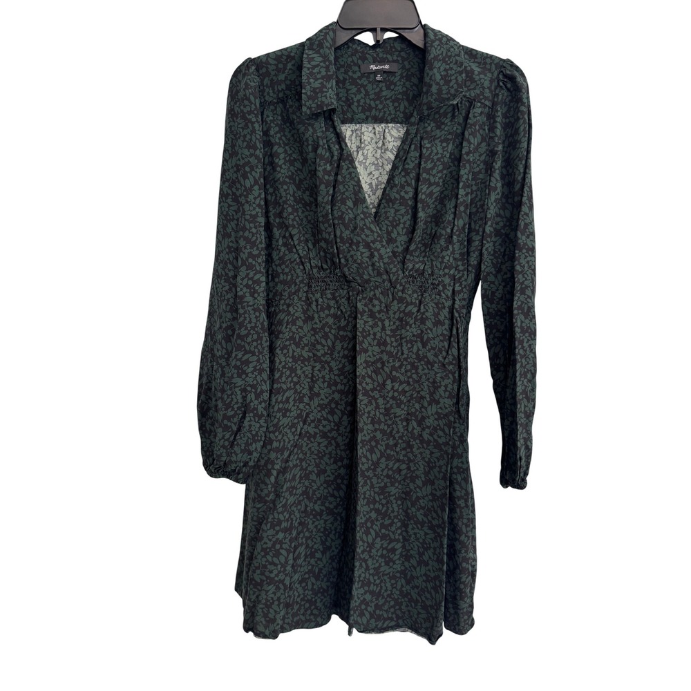 Madewell Green Floral Leaf Surplice Mini Dress Long Sleeve Smocked Waist 00